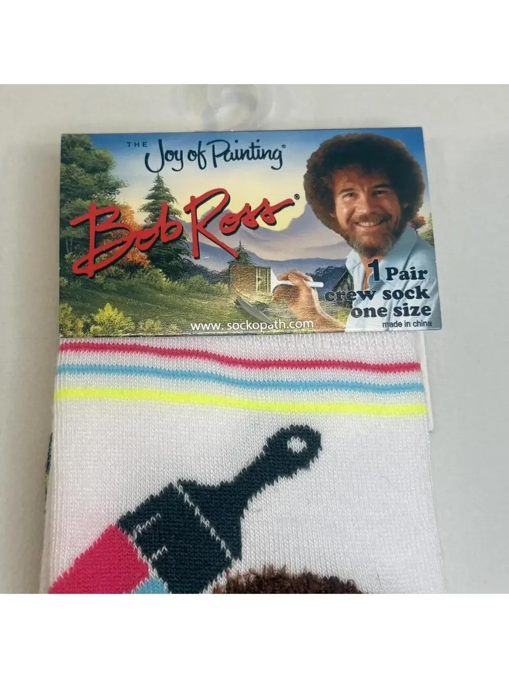 Bob Ross 3D Fuzzy Hair Crew Socks Neon White Stripe Retro Rainbow Paint NWT